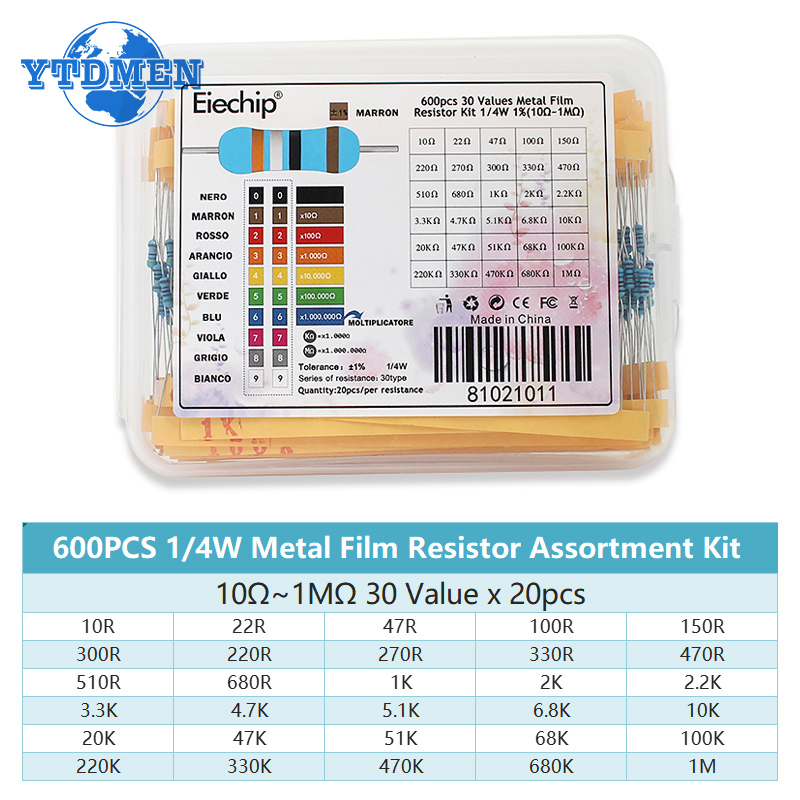 300-600PCS 1/4W Metal Film Res - Resistor Kit 1 4W recensione e prezzo